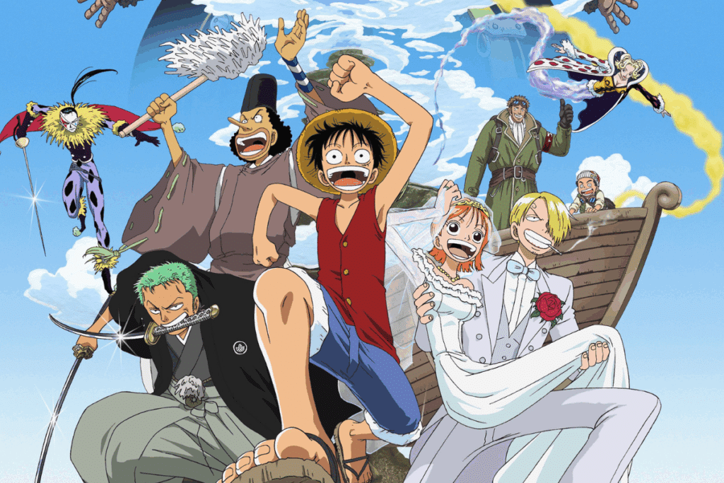 Ilustração de personagens de anime reunidos diante de um navio, sob um céu azul com nuvens brancas. No centro, um jovem de cabelos pretos usa um chapéu de palha, colete vermelho sem mangas, bermuda azul e sandálias. Ele sorri de boca aberta e ergue um dos braços em um gesto animado. À esquerda, um homem de cabelos verdes curtos veste roupas escuras e segura uma espada, enquanto se inclina para a frente com expressão determinada. Atrás dele, aparece um personagem de nariz comprido e cabelos escuros, usando um chapéu preto alto e roupas marrons. Mais à esquerda, um personagem de cabelos claros e roupa roxa aparece em uma pose acrobática. À direita do protagonista, uma jovem de cabelos alaranjados usa um vestido branco e sorri, enquanto um homem loiro de terno branco, gravata azul-clara e flor vermelha na lapela aparece sentado ou inclinado diante do navio com a jovem no colo. Outros personagens, com roupas coloridas e aparências variadas, aparecem ao fundo, compondo uma cena movimentada e descontraída.