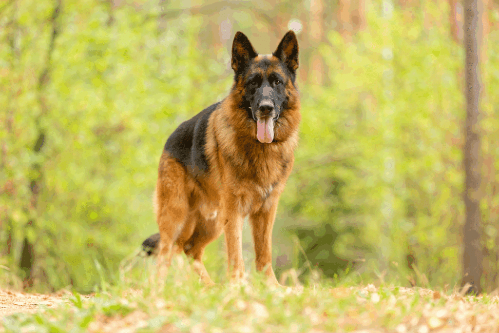 Cão da raça Pastor Alemão de pelagem preta e capa-pretal/caramelo em pé em uma área arborizada com a língua para fora.