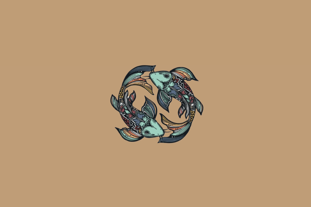 Ilustração do símbolo do signo de Peixes, representado por dois peixes posicionados em movimento circular, com detalhes florais e coloridos em estilo artístico sobre fundo bege.