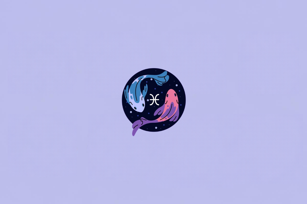 Ilustração do signo de Peixes, representado por dois peixes estilizados, um azul e outro rosa, posicionados em sentidos opostos e curvados um em direção ao outro. O símbolo de Peixes aparece em branco entre os dois peixes. Ao fundo há um círculo azul-marinho com pequenos pontos claros. Em fundo roxo-claro.
