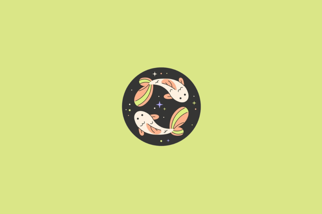 Ilustração de dois peixes em tons de creme e alaranjado, posicionados em sentidos opostos, formando um círculo. As caudas e partes das nadadeiras apresentam faixas em verde-limão e alaranjado. Os peixes têm olhos pretos e detalhes desenhados em preto. A imagem está dentro de um círculo preto com pequenas estrelas coloridas. Em fundo verde-claro.