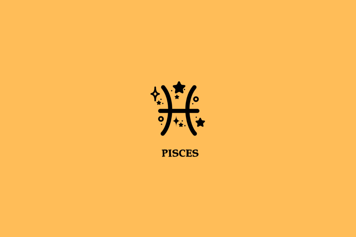 Símbolo do signo de Peixes, composto por duas curvas pretas voltadas para lados opostos, unidas por uma linha horizontal central. Pequenas estrelas, círculos e pontos decorativos estão distribuídos ao redor do desenho. Abaixo, está escrito “PISCES” em letras maiúsculas pretas, com serifa. O conjunto está centralizado sobre um fundo laranja uniforme.