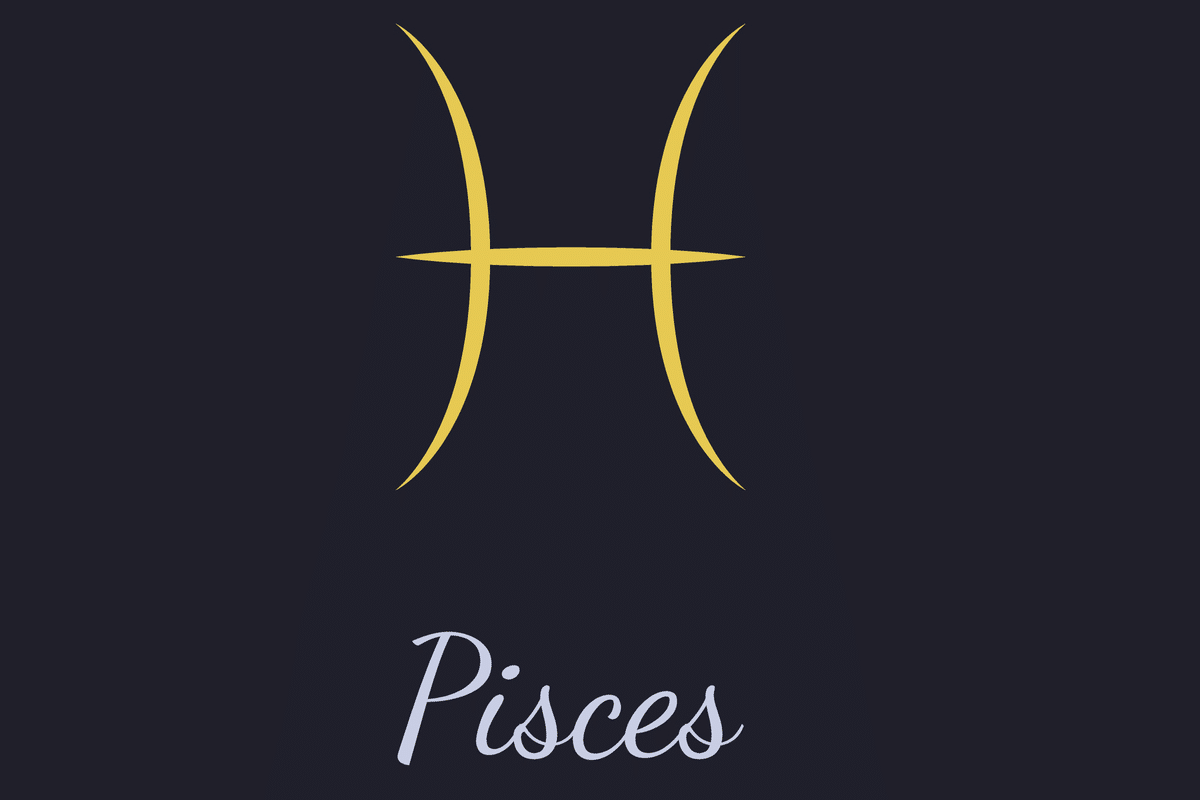 A imagem apresenta o símbolo astrológico de Peixes em dourado, formado por duas linhas curvas verticais ligadas por um traço horizontal. Abaixo, o nome “Pisces” aparece em letras cursivas cinza-claras, sobre um fundo azul-escuro quase preto.