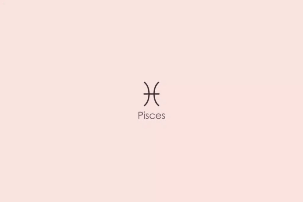 Ilustração minimalista do símbolo astrológico do signo de Peixes, desenhado com linhas finas em tom escuro. Abaixo do símbolo, aparece a palavra “Pisces”, em inglês. O fundo é rosa-claro.