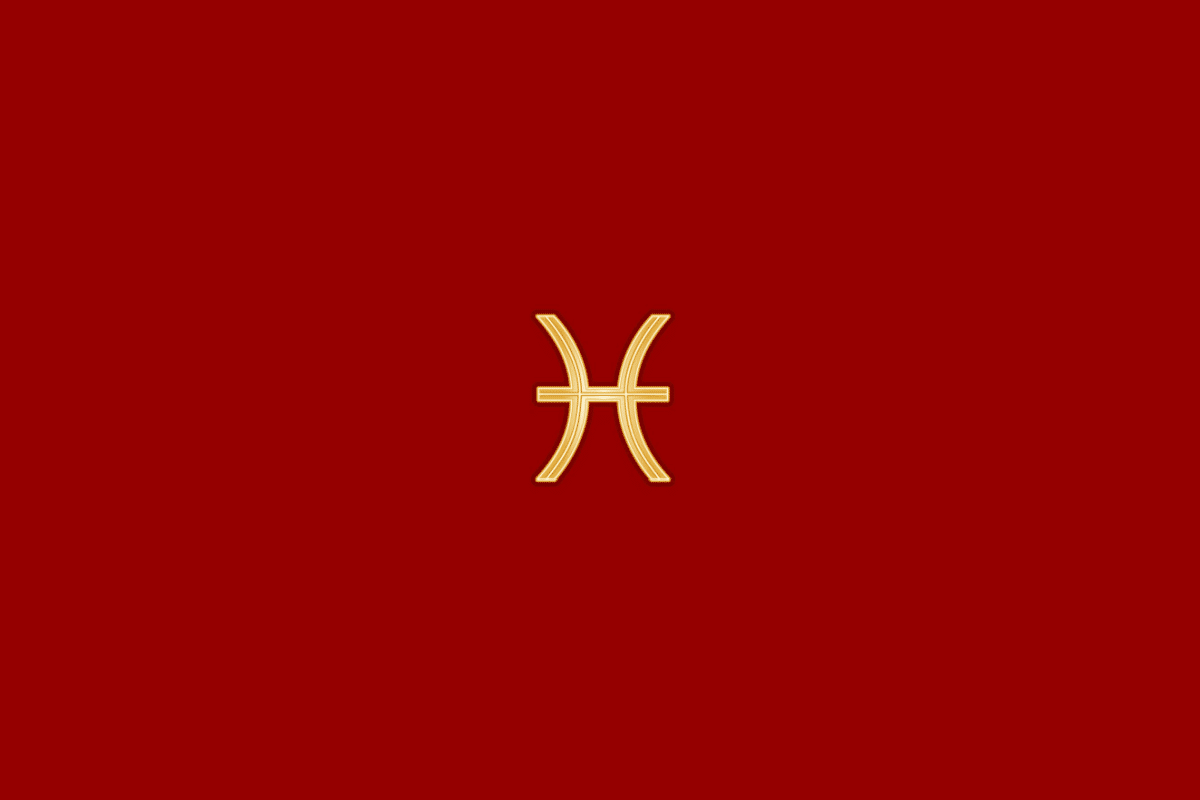Ilustração do signo de peixes em dourado, centralizado em fundo vermelho