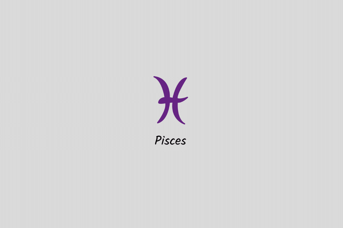 Ilustração do signo de Peixes em roxo, com o nome abaixo, centralizada sobre um fundo cinza-claro