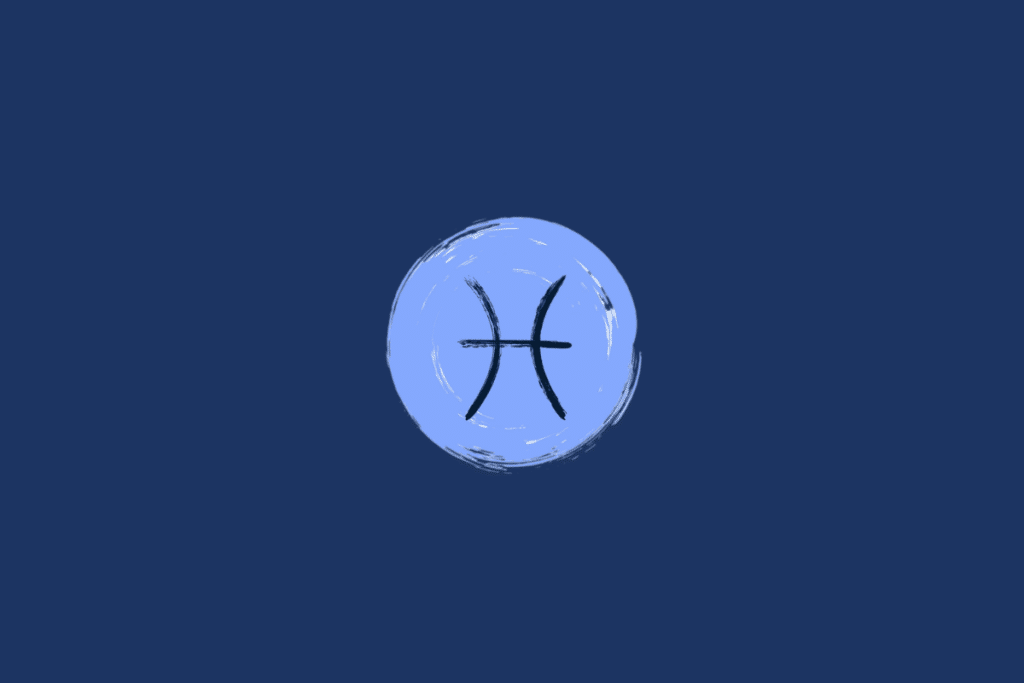 Ilustração do símbolo do signo de Peixes, formado por duas curvas voltadas para lados opostos e unidas por uma linha horizontal, em preto, dentro de um círculo azul-claro sobre fundo azul-marinho.