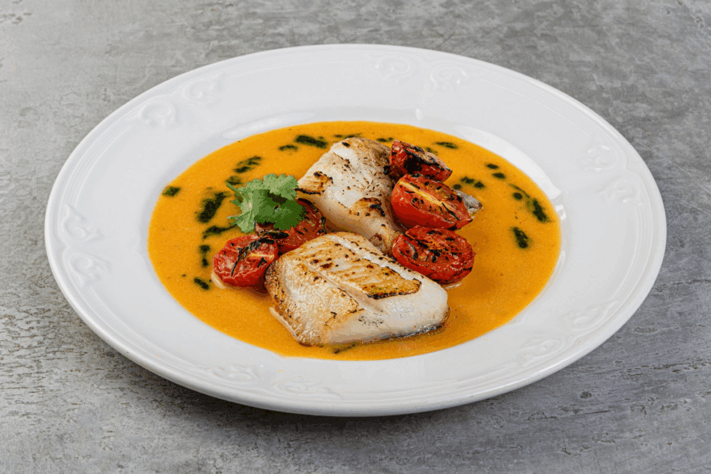 Filés de pescada branca grelhados com tomates assados sobre um molho de manga alaranjado, decorados com coentro, em um prato branco