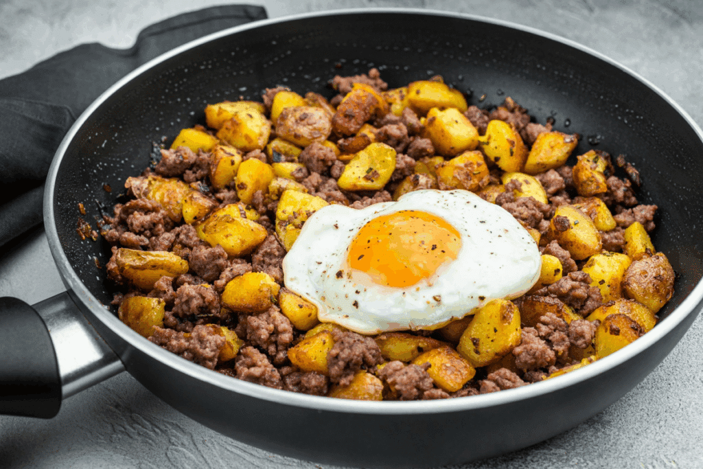 Fotografia de uma frigideira preta com picadinho de carne moída e batatas em cubos douradas, temperadas com ervas. No centro, um ovo frito com gema alaranjada e pimenta-do-reino moída por cima. A frigideira está sobre uma superfície cinza, ao lado de um pano escuro.