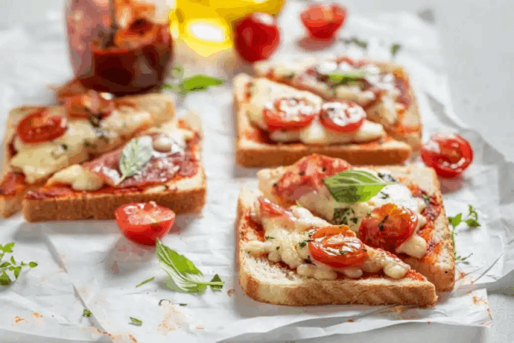 A imagem mostra minipizzas preparadas com fatias de pão de forma, cobertas com molho de tomate, queijo derretido, tomate-cereja e folhas de manjericão