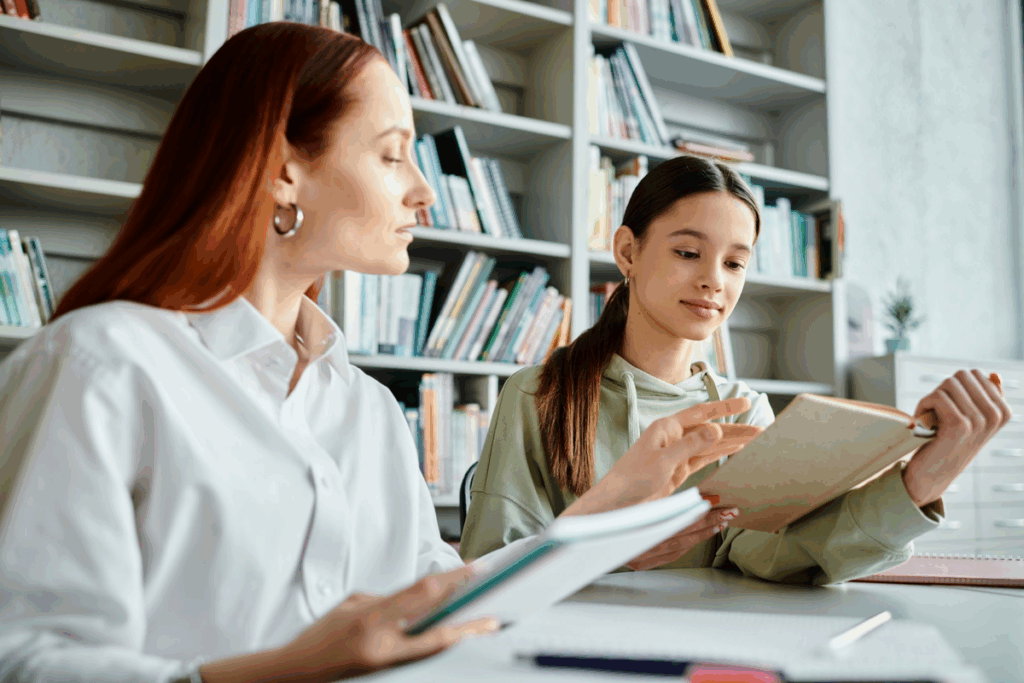 Professora conversa com uma aluna adolescente que lê um livro, sentadas a uma mesa