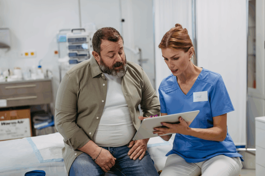 Profissional de saúde de uniforme azul mostra informações em um tablet a um paciente de barba, sentado na maca de um consultório.