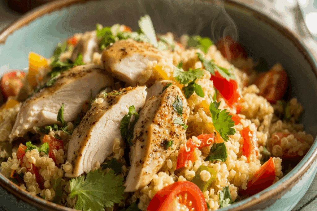 Imagem em close de uma tigela de cerâmica verde-azulada com quinoa cozida, acompanhada de fatias de peito de frango grelhado e temperado, tomates-cereja, pimentões vermelhos e amarelos e folhas frescas de coentro. O prato apresenta uma combinação colorida de ingredientes, com destaque para o frango dourado disposto sobre a quinoa.