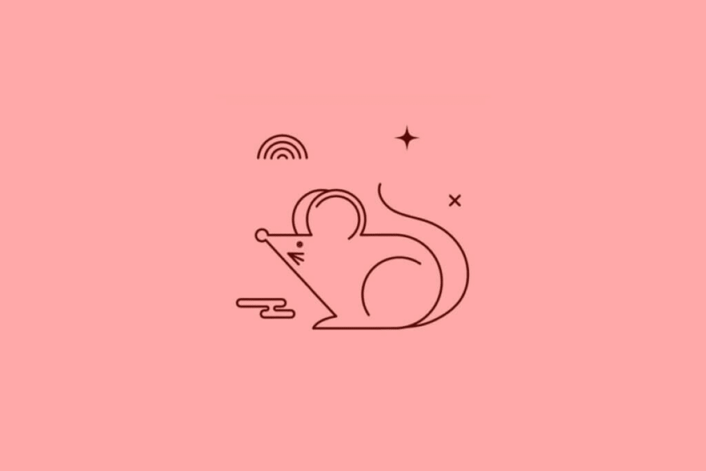 Ilustração minimalista de um rato sentado, visto de perfil, desenhado com linhas finas em marrom-escuro sobre um fundo rosa-claro. O animal apresenta orelhas grandes e arredondadas, focinho pontiagudo, corpo curvado e cauda longa. Pequenas estrelas e símbolos geométricos complementam a imagem.