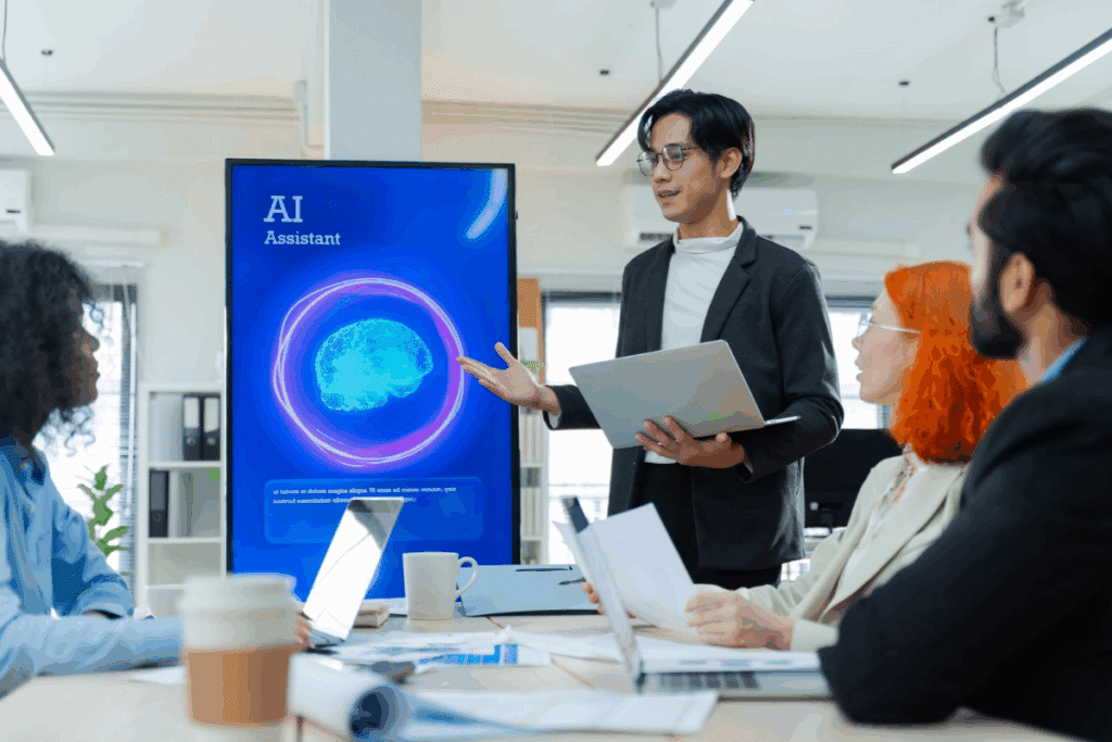 Em uma sala de reunião moderna e bem iluminada, um homem de cabelos pretos, usando óculos de armação fina, blazer preto e camisa branca de gola alta, apresenta uma ferramenta de inteligência artificial aos colegas. Ele segura um notebook prateado com uma das mãos e gesticula em direção a um monitor vertical azul, que exibe a inscrição “AI Assistant” e a ilustração de um cérebro digital cercado por anéis luminosos. Ao redor de uma mesa branca, três pessoas acompanham a apresentação: à esquerda, uma mulher de cabelos escuros e cacheados, vestindo camisa azul; à direita, uma mulher de cabelos alaranjados, óculos e blazer claro, segura algumas folhas; e, em primeiro plano, aparece parcialmente um homem de cabelos escuros e barba, usando roupa preta. Sobre a mesa estão notebooks, documentos e copos de café.