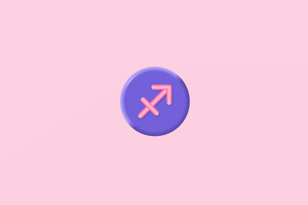 Símbolo do signo de Sagitário, representado por uma seta diagonal apontada para o alto à direita, atravessada por um traço diagonal oposto. O desenho é rosa, tem aparência tridimensional e brilhante e está centralizado em um círculo roxo com bordas iluminadas, sobre fundo rosa-claro.