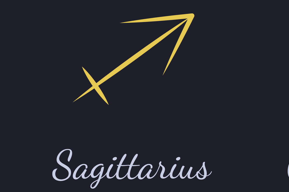 A imagem mostra o símbolo astrológico de Sagitário em dourado, representado por uma flecha apontada diagonalmente para cima e para a direita, cruzada por um pequeno traço. Abaixo, o nome “Sagittarius” aparece em letras cursivas cinza-claras, sobre um fundo azul-escuro quase preto.
