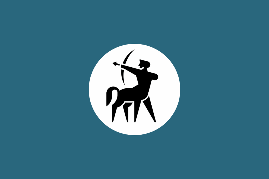 Ilustração minimalista em preto do signo de Sagitário, representado por um centauro arqueiro, dentro de um círculo branco sobre fundo azul-petróleo