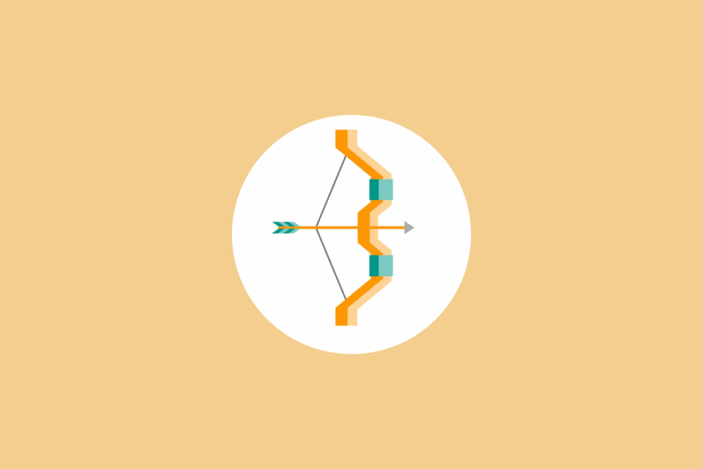 Ilustração geométrica de um arco alaranjado com uma flecha verde-azulada pronta para disparar dentro de um círculo branco sobre fundo bege, representando o signo de Sagitário