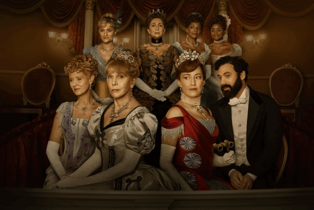 Grupo de nove pessoas vestidas com trajes elegantes de época, reunidas em um ambiente que remete a um salão aristocrático. Na fileira da frente, quatro pessoas estão sentadas: três mulheres com vestidos longos e ornamentados e um homem de cabelos escuros e barba, vestido com terno preto, camisa branca e gravata-borboleta. Uma das mulheres usa vestido vermelho com detalhes azulados, luvas claras e um colar de pérolas; outra veste um traje cinza com mangas volumosas e adornos no cabelo. Ao fundo, cinco mulheres aparecem em pé, usando vestidos elaborados em tons de azul, dourado, verde e bege, além de joias e acessórios de época. O cenário apresenta cortinas vinho, colunas douradas, paredes em tons de marrom e iluminação quente, criando uma atmosfera sofisticada.
