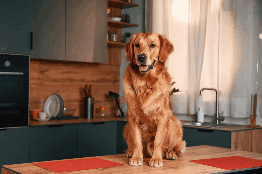 Imagem de um cachorro da raça golden retriever em cima de uma mesa