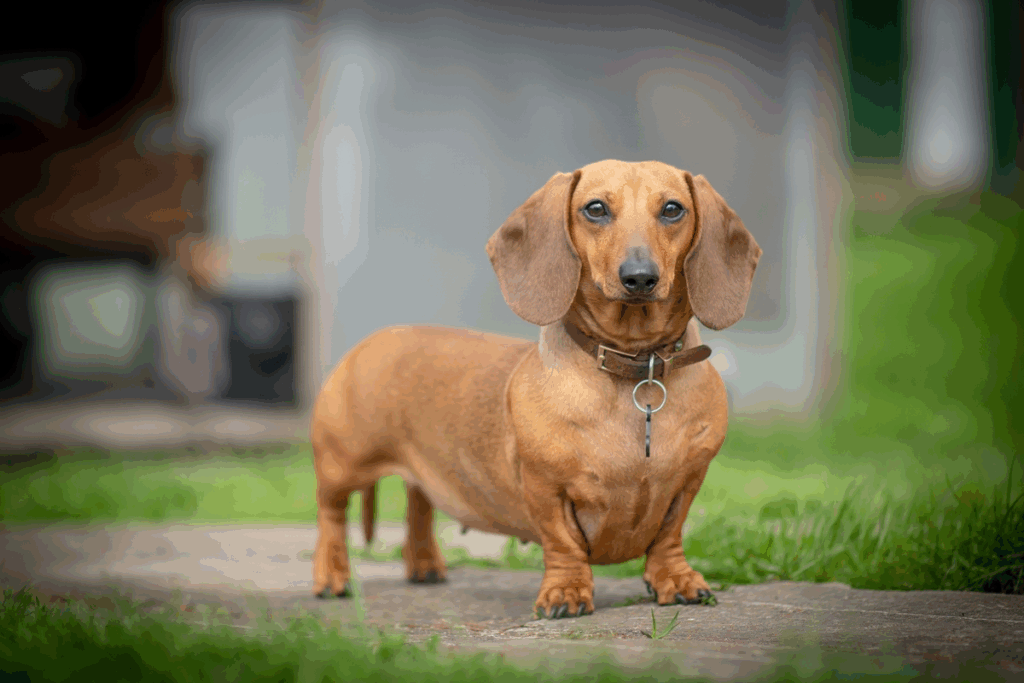 Imagem de um cachorro da raça dachshund ao ar livre