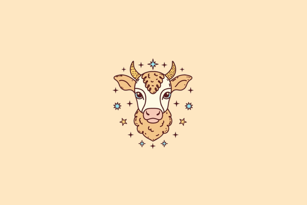 Ilustração da cabeça de um touro com chifres amarelos pontudos, orelhas abertas para os lados, olhos grandes e focinho rosa. O animal tem pelagem bege e marrom, com detalhes decorativos ao redor e estrelas azuis, amarelas e marrons sobre fundo bege-claro.