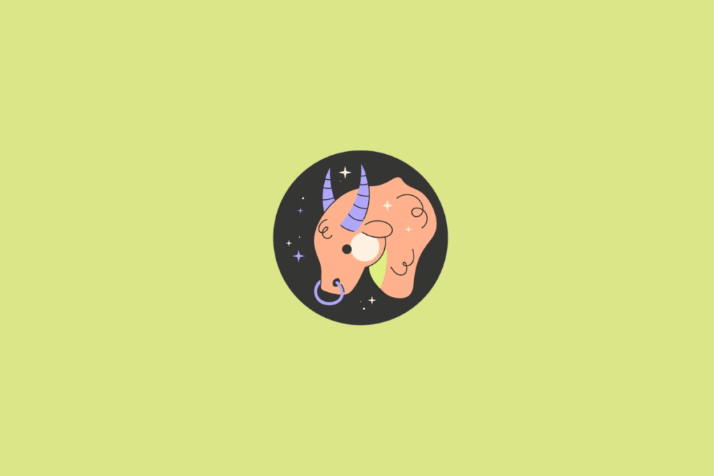 Ilustração de um touro de perfil, com cabeça voltada para a esquerda, pele alaranjada e dois chifres lilás com listras escuras. O animal tem focinho creme, olho preto e uma argola lilás no nariz. Há linhas pretas que destacam os contornos e os traços do rosto. A imagem está dentro de um círculo preto com pequenas estrelas coloridas. Em fundo verde-claro.