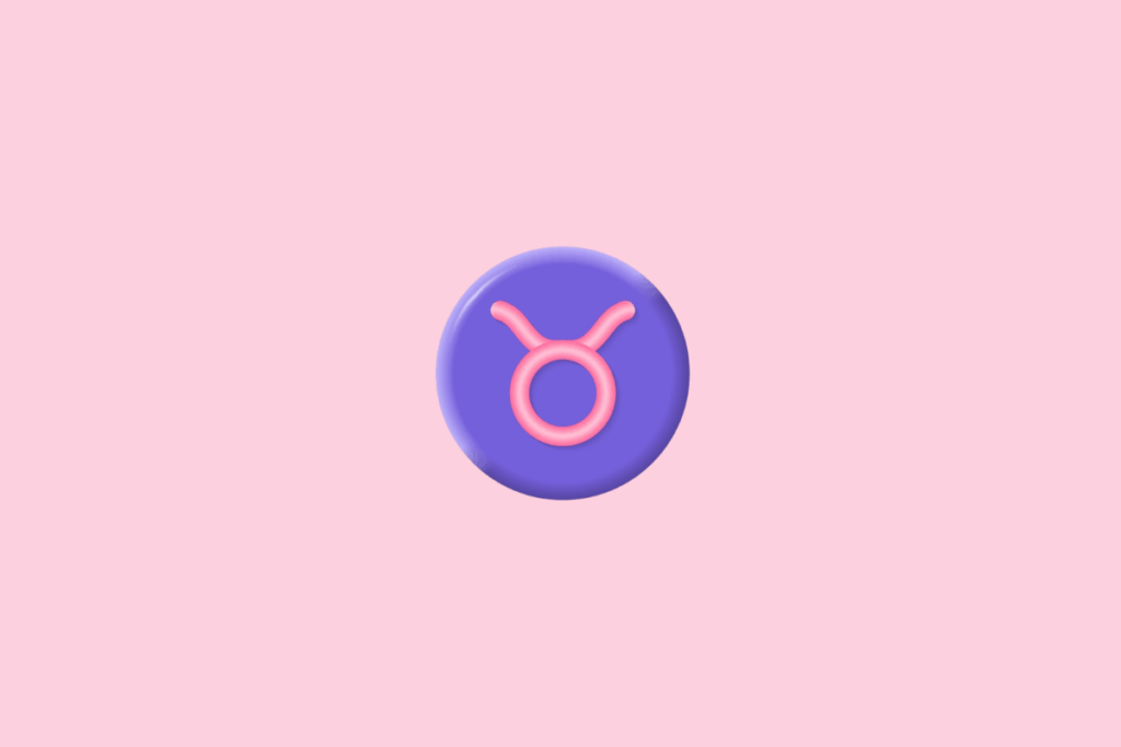 Símbolo do signo de Touro, formado por um círculo na parte inferior e duas curvas que se elevam lateralmente, lembrando os chifres de um touro. O desenho é rosa, tem aparência tridimensional e brilhante e está centralizado em um círculo roxo com bordas iluminadas, sobre fundo rosa-claro.