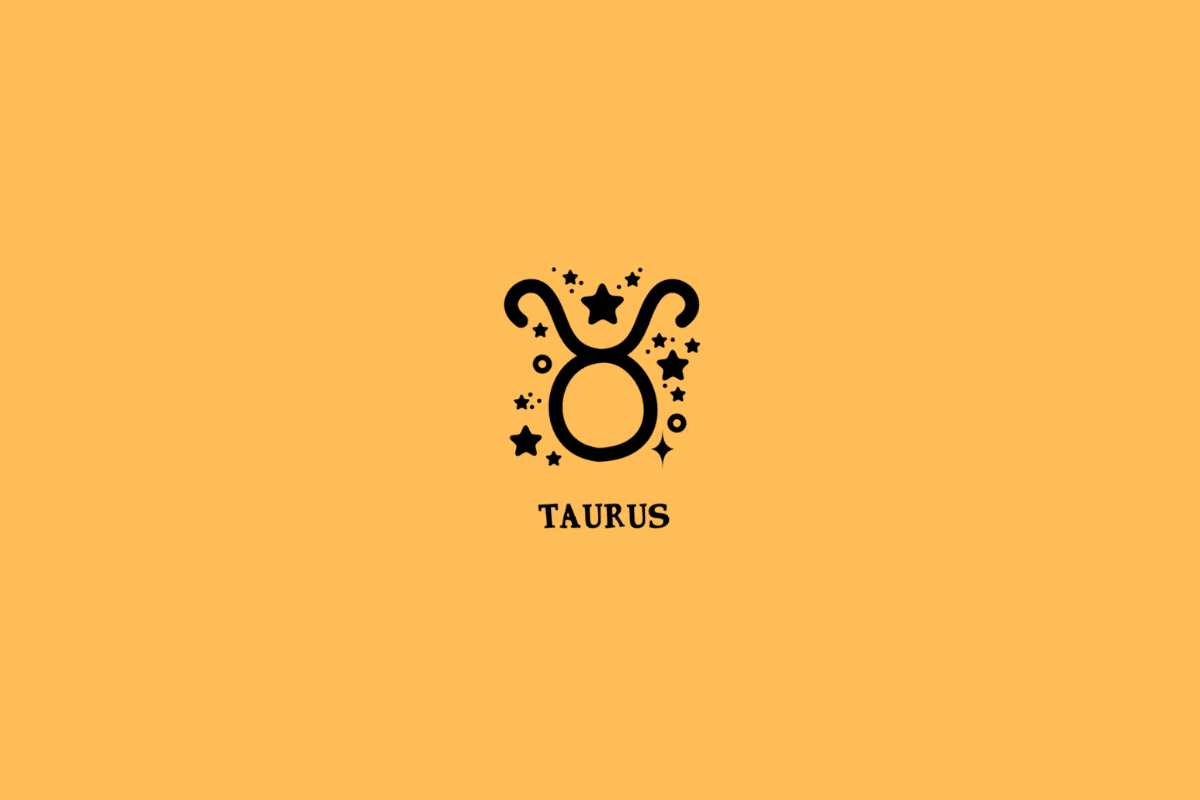 Símbolo do signo de Touro, formado por um círculo preto na parte inferior e duas curvas que se elevam para os lados, lembrando os chifres de um touro. Estrelas de diferentes tamanhos, pequenos círculos e pontos decorativos circundam o desenho. Abaixo, está escrito “TAURUS” em letras maiúsculas pretas, com serifa. A imagem tem fundo laranja uniforme.