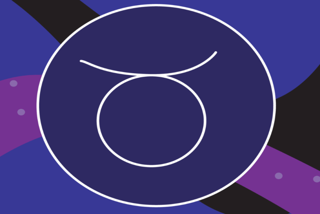 Ilustração do símbolo de Áries em linhas brancas, centralizado dentro de um grande círculo azul-escuro. O fundo combina formas abstratas em azul, roxo e preto, com pequenos pontos lilás.