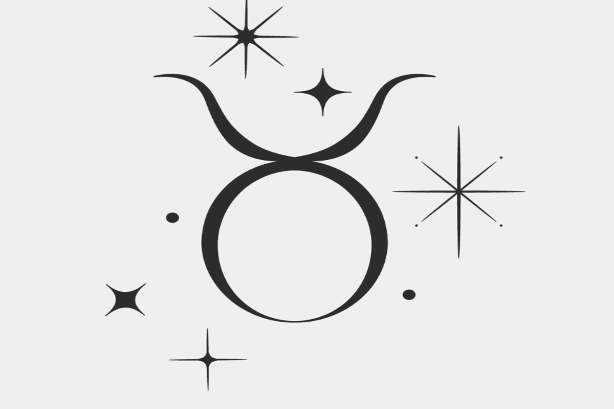 Imagem com fundo cinza-claro, apresentando o símbolo astrológico do signo de Touro em preto, formado por um círculo com duas linhas curvas na parte superior, semelhantes aos chifres de um touro. Ao redor, aparecem estrelas de quatro e oito pontas e pequenos pontos pretos.