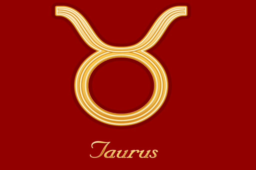 Ilustração do símbolo astrológico do signo de Touro em dourado, formado por um círculo com duas curvas na parte superior que representam os chifres de um touro, sobre um fundo vermelho-escuro. Na parte inferior, aparece a palavra “Taurus”, escrita em letras douradas e cursivas.