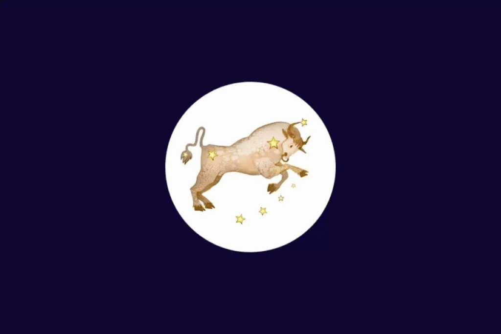 Ilustração do signo de Touro, representado por um touro bege com chifres curvados, cauda levantada e uma das patas dianteiras erguida. A figura está cercada por estrelas douradas, dentro de um círculo branco sobre um fundo roxo-escuro.