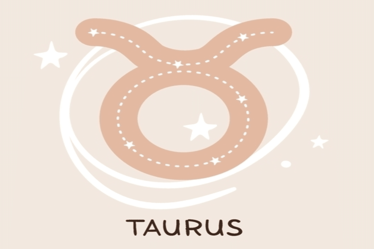 Ilustração do símbolo de Touro em tom bege, com linhas pontilhadas e estrelas brancas formando uma constelação em seu interior. Ao redor, há traços circulares e estrelas sobre um fundo claro.