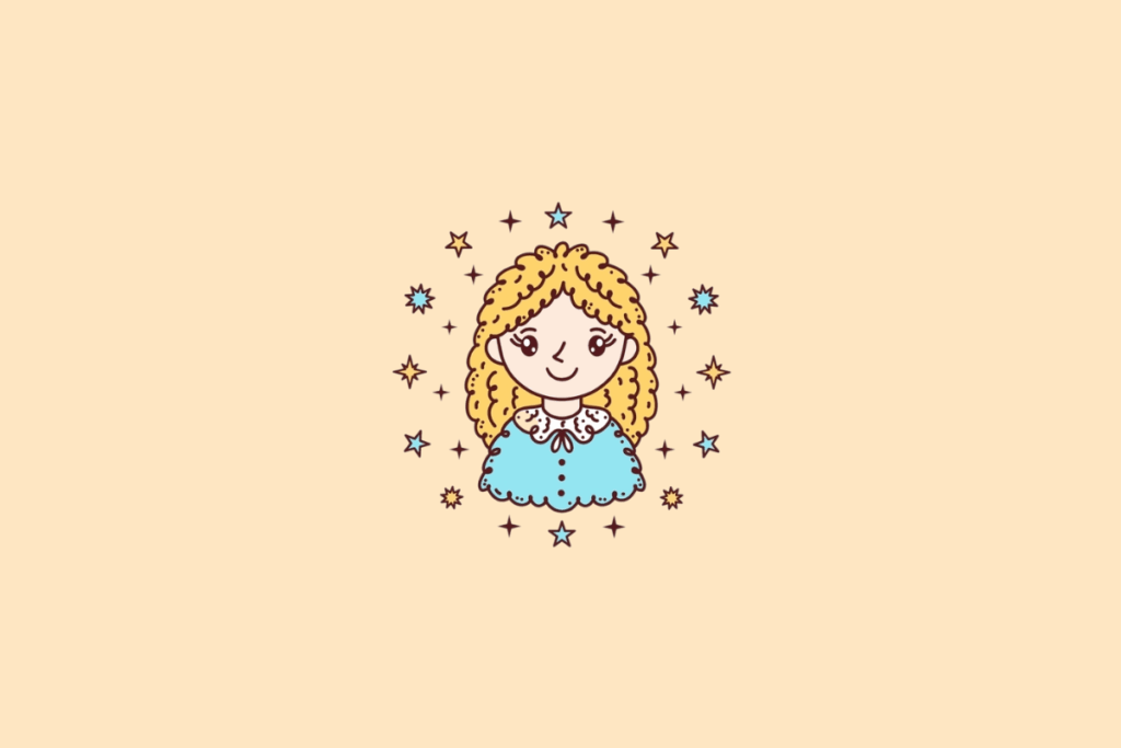 Ilustração de uma menina de cabelos loiros cacheados, olhos grandes e sorriso delicado. Ela usa uma blusa azul-clara com gola branca decorada e pequenos botões marrons. Estrelas em tons de azul, amarelo e marrom enfeitam o fundo bege-claro.