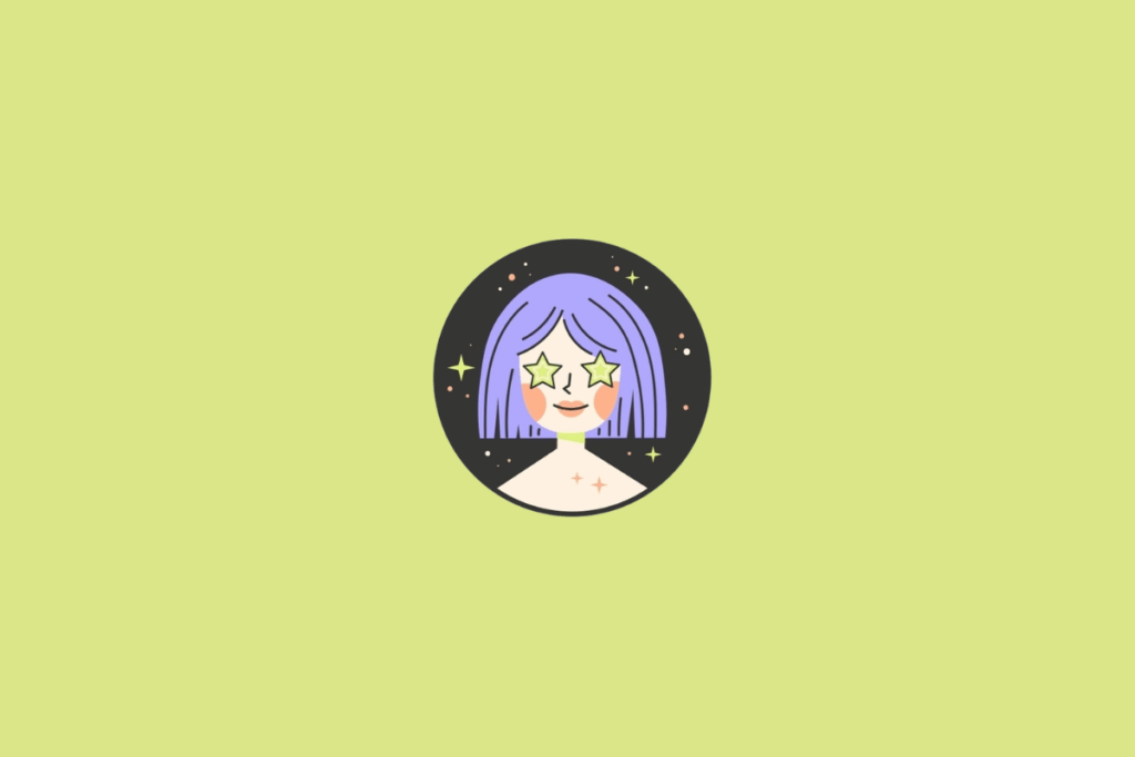 Ilustração de uma figura feminina de frente, com cabelos lisos lilás, franja e comprimento até os ombros. Ela tem pele creme, bochechas alaranjadas e estrelas verde-limão contornadas de preto no lugar dos olhos. A figura veste uma roupa creme, com pequenos detalhes alaranjados na região do peito. A imagem está dentro de um círculo preto com pequenas estrelas coloridas. Em fundo verde-claro.
