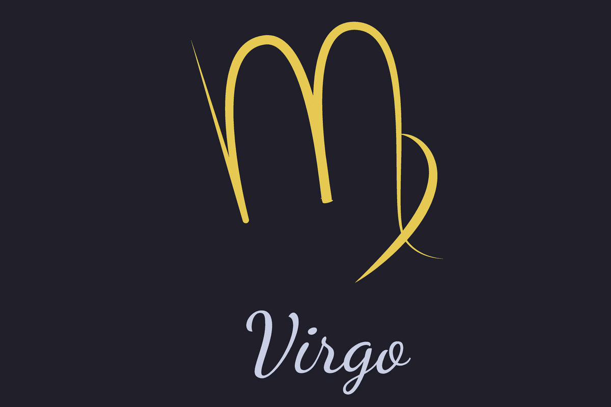 A imagem apresenta o símbolo astrológico de Virgem em dourado, semelhante à letra M, com uma linha curva que se fecha em uma volta na lateral direita. Abaixo, o nome “Virgo” aparece em letras cursivas cinza-claras, sobre um fundo azul-escuro quase preto.