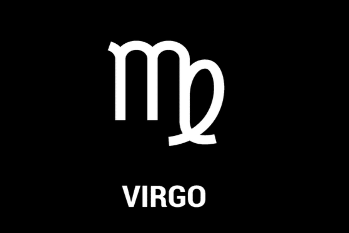 Imagem com fundo preto, apresentando o símbolo astrológico do signo de Virgem em branco, semelhante à letra “M”, com uma extensão curva que se fecha sobre si mesma. Abaixo, aparece a palavra “VIRGO”, em letras maiúsculas e brancas.