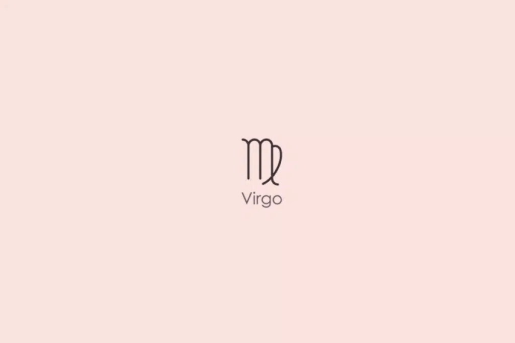 Virgem: Ilustração minimalista do símbolo astrológico do signo de Virgem, semelhante à letra M com uma curva voltada para dentro, desenhado em tom escuro. Abaixo, aparece a palavra “Virgo”, em inglês. O fundo é rosa-claro