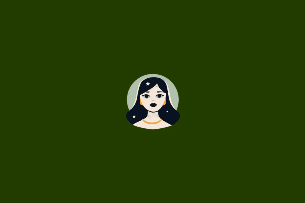 Ilustração de uma mulher de frente, com cabelos longos azul-marinho, pele em tom creme, olhos verde-acinzentados e detalhes em laranja nos brincos e no colar. A figura aparece sobre um círculo verde-sálvia, com pequenas estrelas claras. O fundo é verde-escuro uniforme.