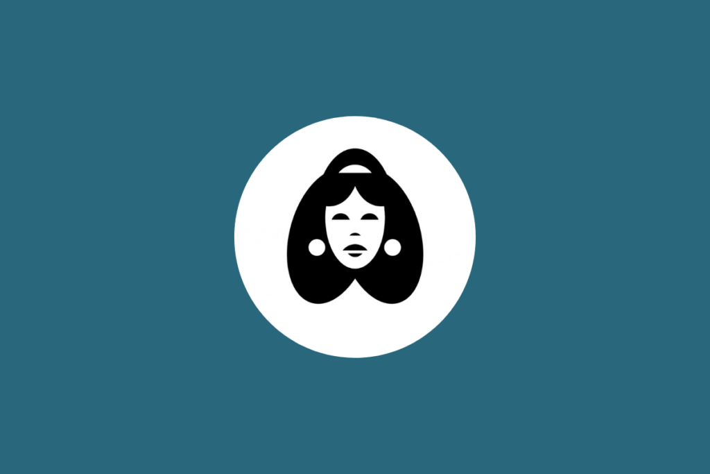 Ilustração minimalista em preto do signo de Virgem, representado por um rosto feminino, dentro de um círculo branco sobre fundo azul-petróleo