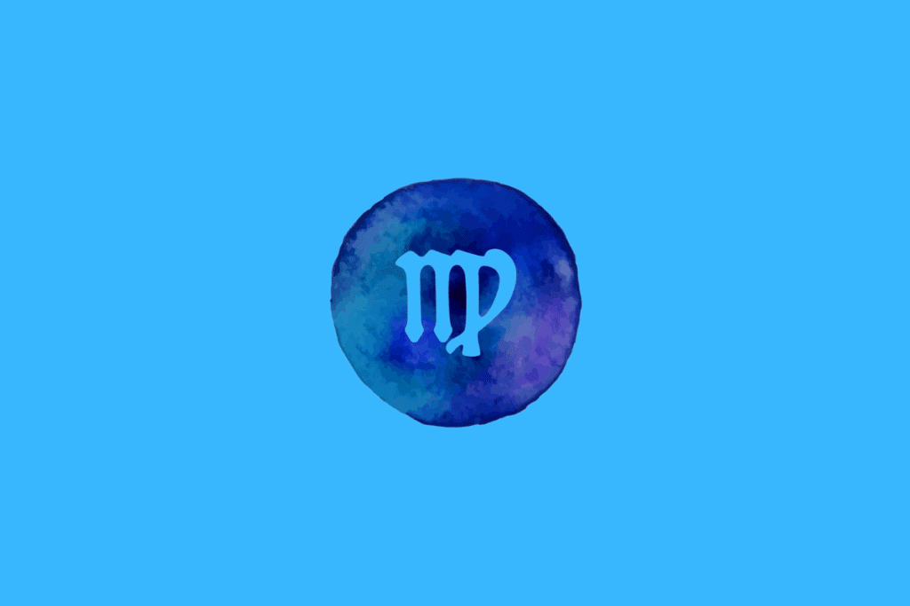 Símbolo do signo de Virgem em azul sobre um círculo azul com textura aquarelada, em um fundo azul-claro.