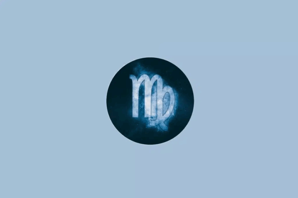 Ilustração do símbolo do signo de Virgem em azul-claro, semelhante à letra M com um traço curvado para dentro, com efeito luminoso, centralizado em um círculo azul-escuro sobre um fundo azul-claro.