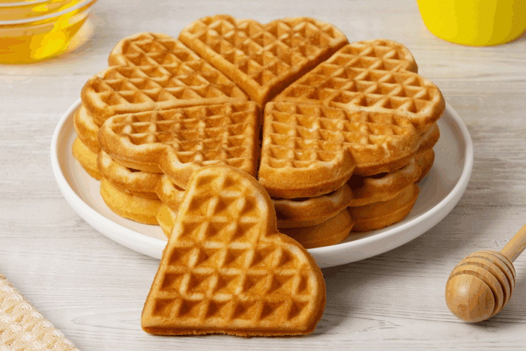 Waffles dourados em formato de coração, empilhados em um prato branco redondo. As unidades apresentam uma superfície quadriculada, com pequenas cavidades e bordas levemente tostadas. Um waffle em formato de coração está apoiado na parte da frente do prato, inclinado em relação aos demais. À direita, há uma colher de mel de madeira sobre uma mesa clara com textura de madeira; na parte superior da imagem, aparecem parcialmente um recipiente com líquido amarelo e um pote amarelo. Um tecido bege-claro surge no canto inferior esquerdo. A iluminação suave realça a coloração dourada e a textura dos waffles.